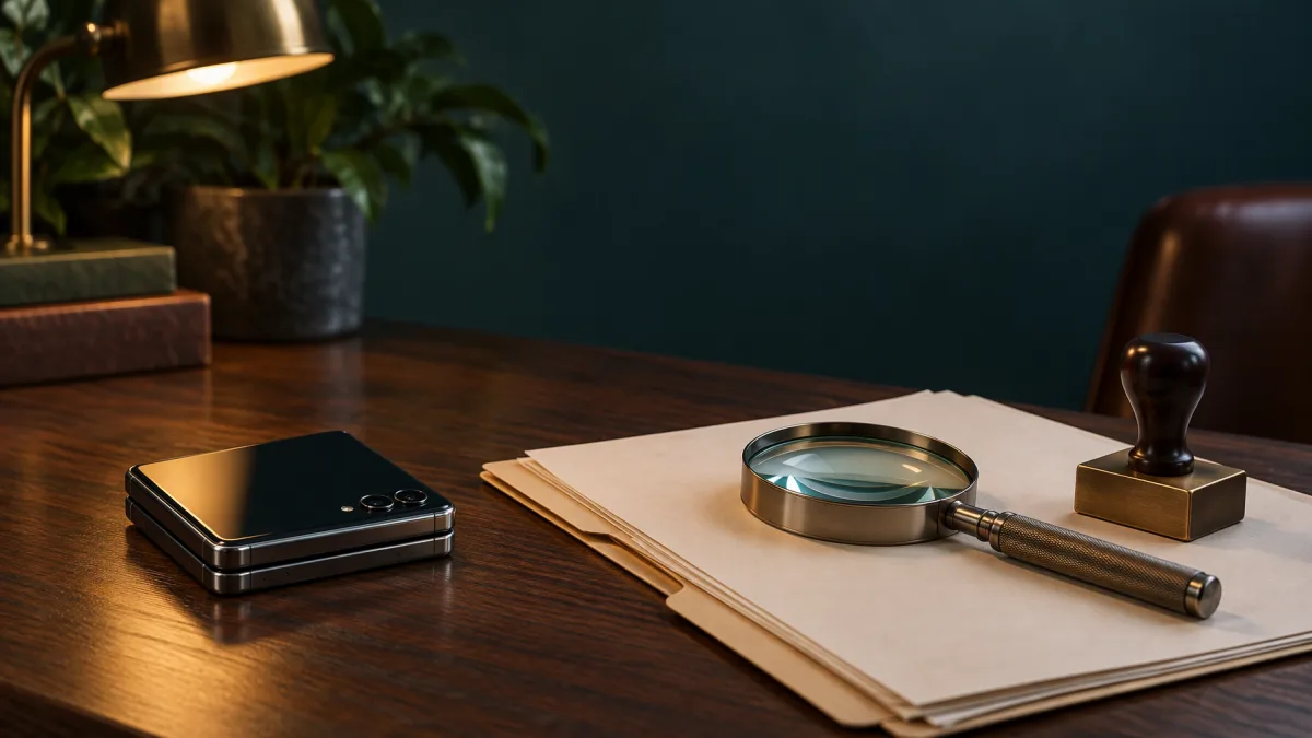 A closed foldable phone on a desk beside certification paperwork, a magnifying glass and a stamp