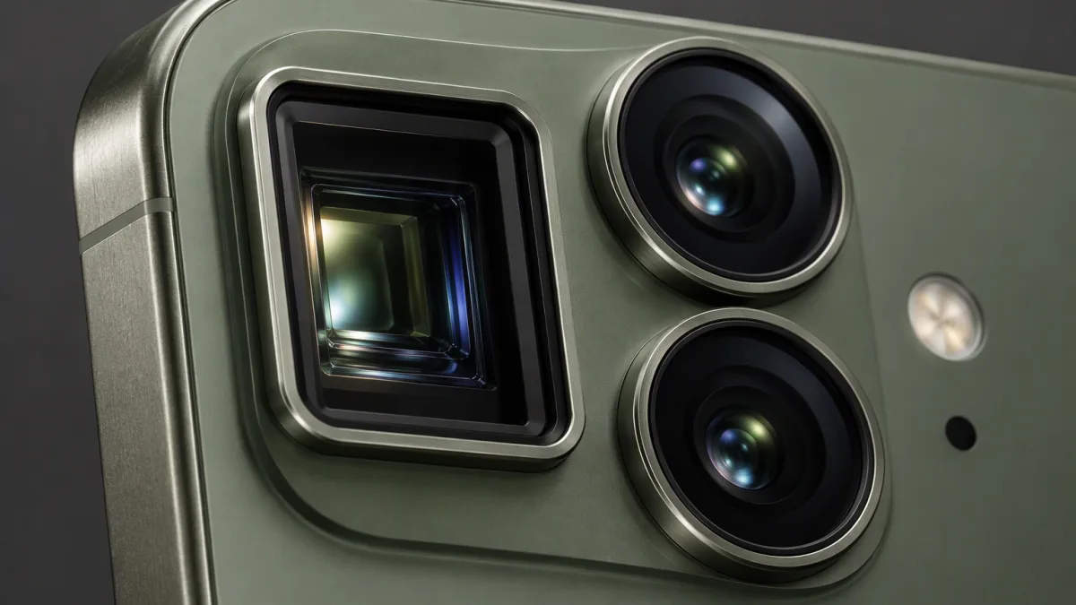 Close-up of the square periscope telephoto lens and two circular cameras on an olive-green flagship phone