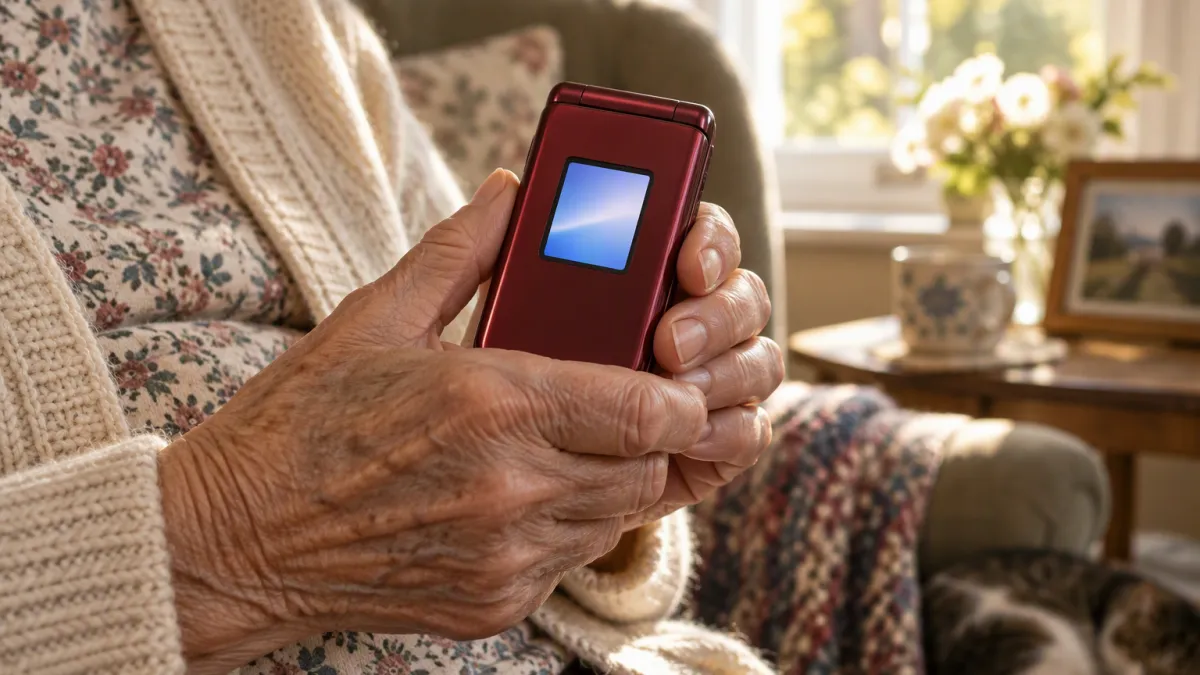An older person holding a closed burgundy flip phone with its small outer screen lit