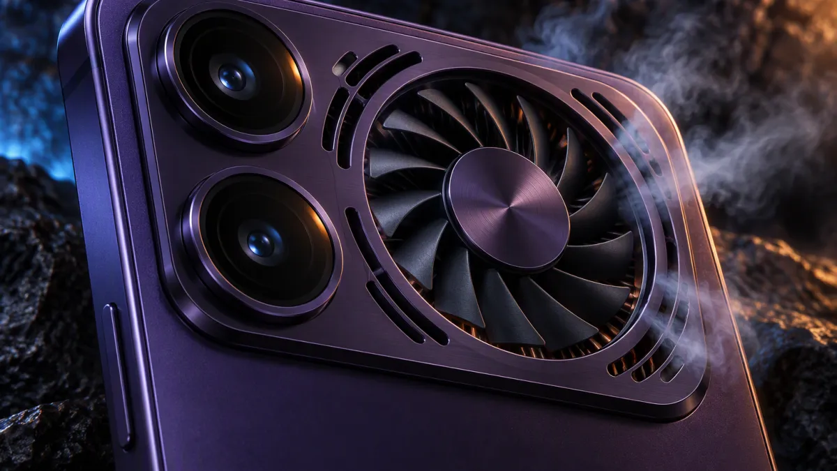 Close-up of a purple gaming phone camera island with a circular cooling fan and vent slots
