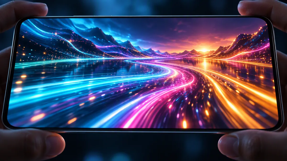 A smartphone held in landscape showing a vivid abstract neon light-trail landscape on its screen