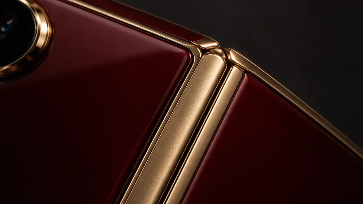 Close-up of the gold hinge and camera ring on the burgundy Samsung W27 foldable