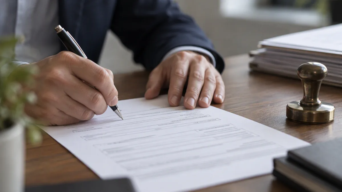 Hands preparing a TIN cancellation application with a stamp and supporting papers on a desk